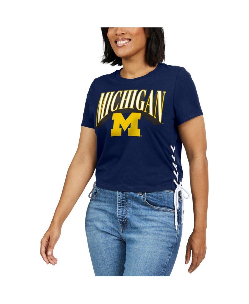 Women's Navy Michigan Wolverines Side Lace-Up Modest Crop T-shirt