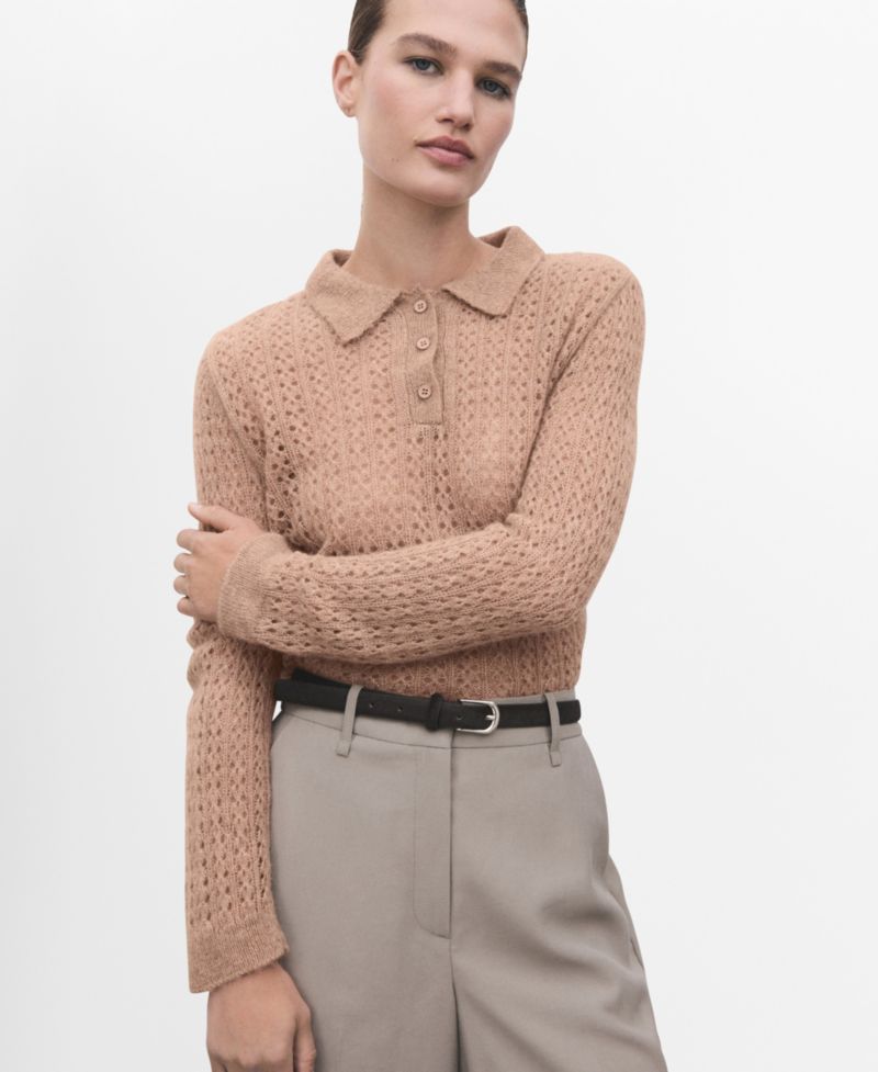 Women's Openwork Knitted Polo-Neck Sweater