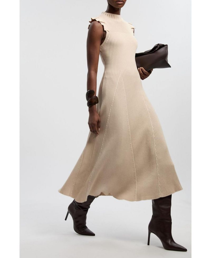 Women's Pointelle Frill Sleeve Knit Midi Dress