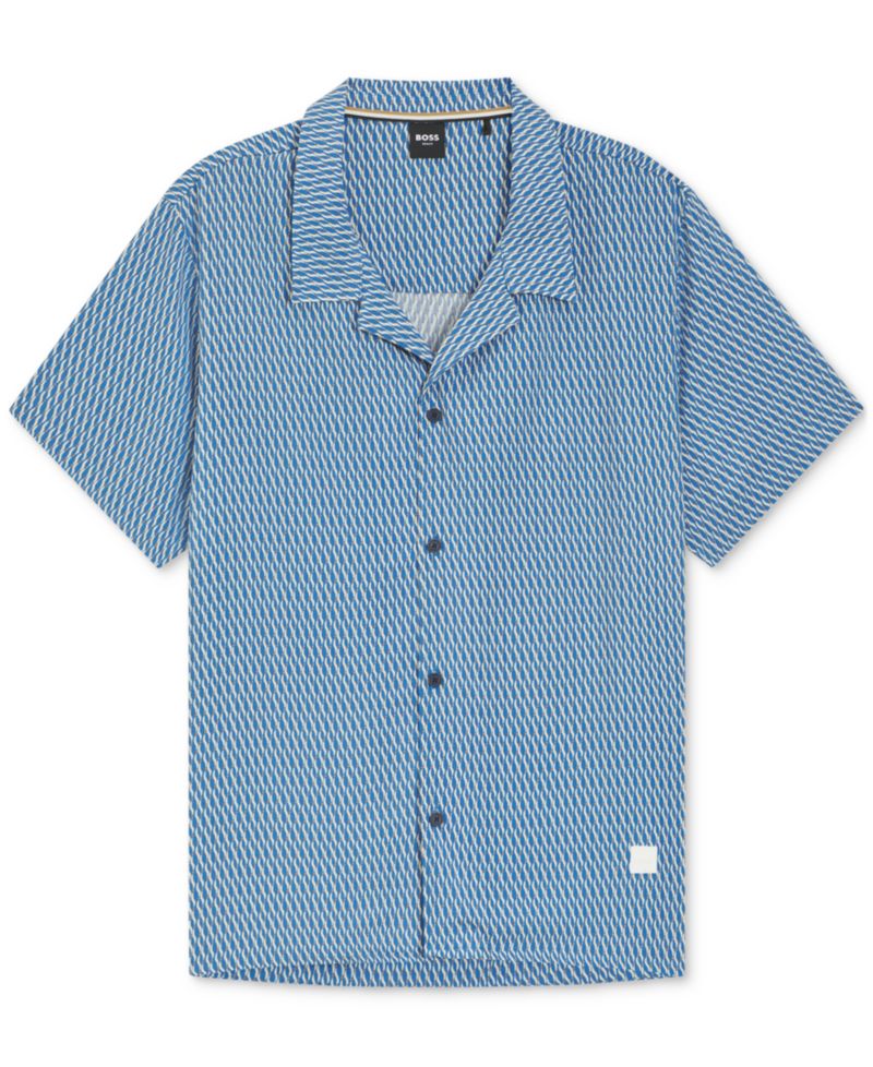BOSS by Men's Spread-Collar Mini-Pattern-Print Beach Shirt