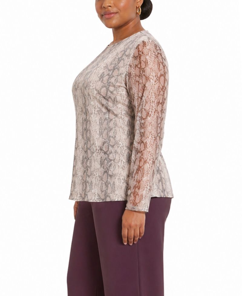 Plus Size Python Mesh Long-Sleeve Top