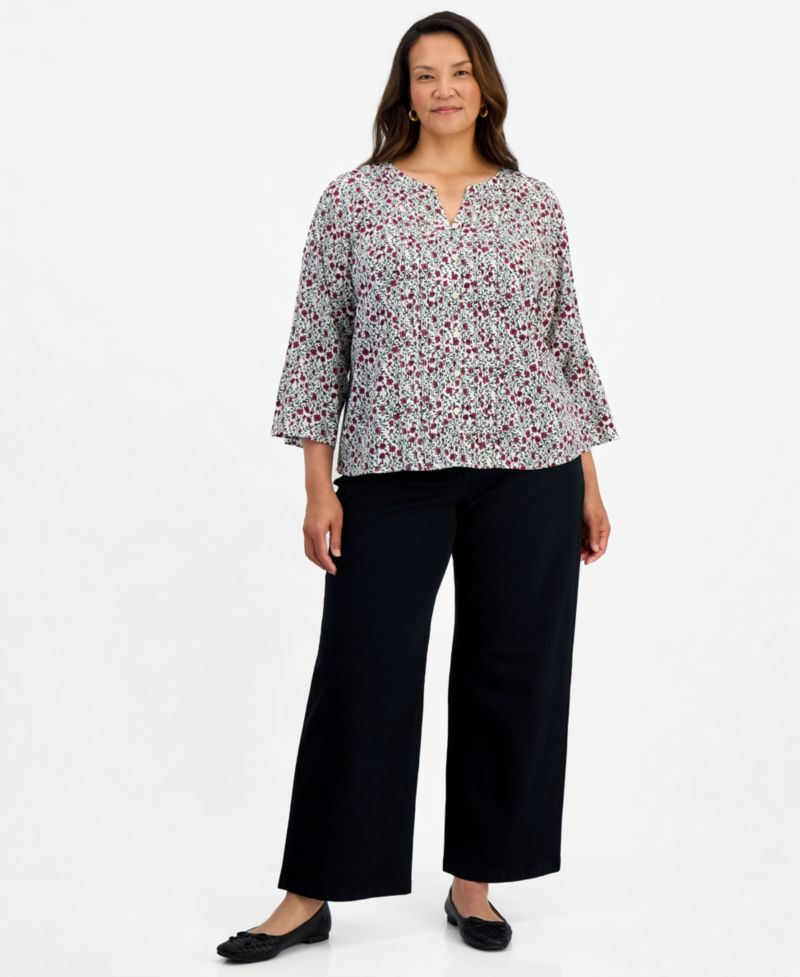 Plus Printed Bell-Sleeve Pintuck Blouse