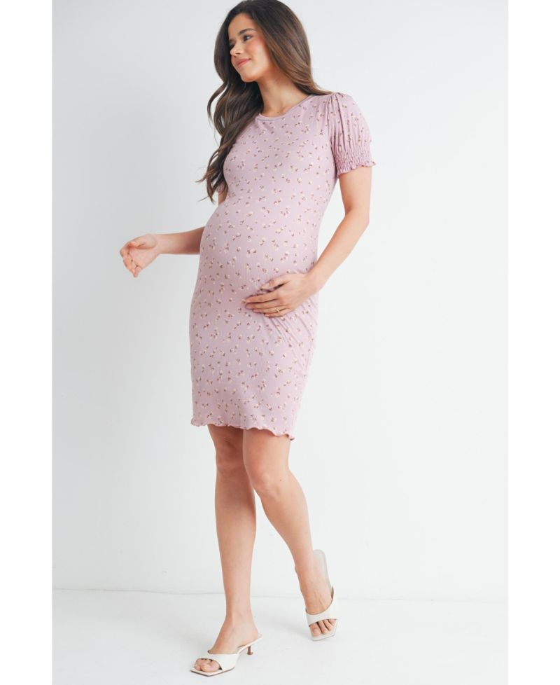 Women's Floral Ribbed Mini Dress with Short Puff Sleeves