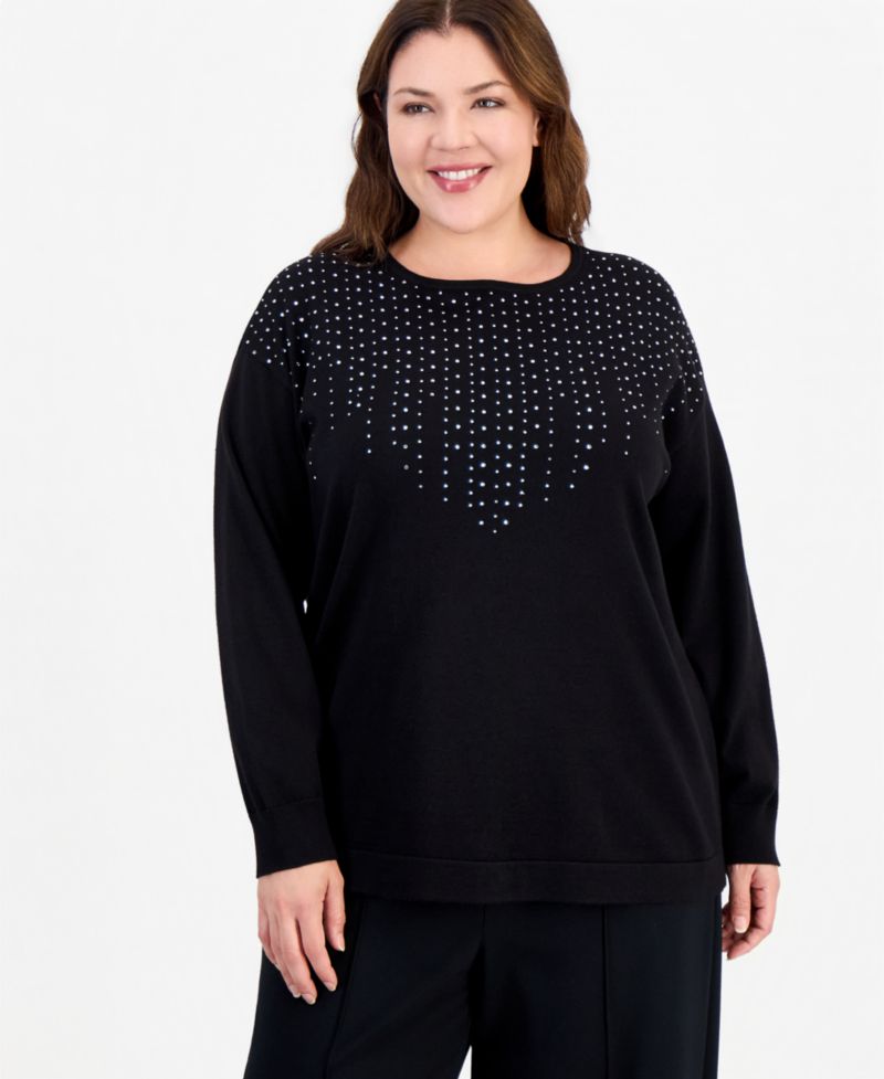 Plus Size Long-Sleeve Boat Neck Embellished Sweater