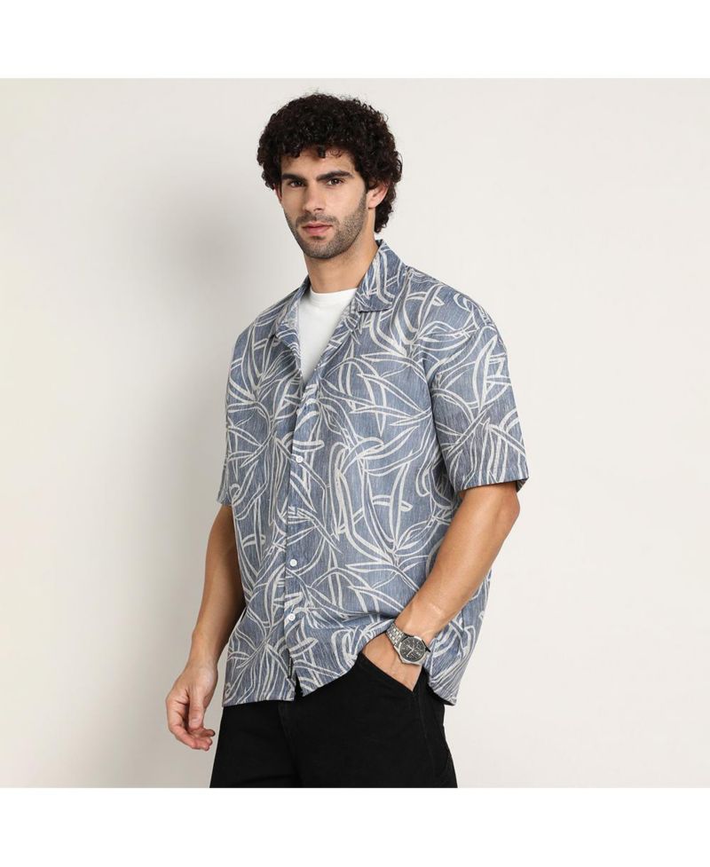 Men's Steel Blue Vine-Lines Resort Oversized Shirt