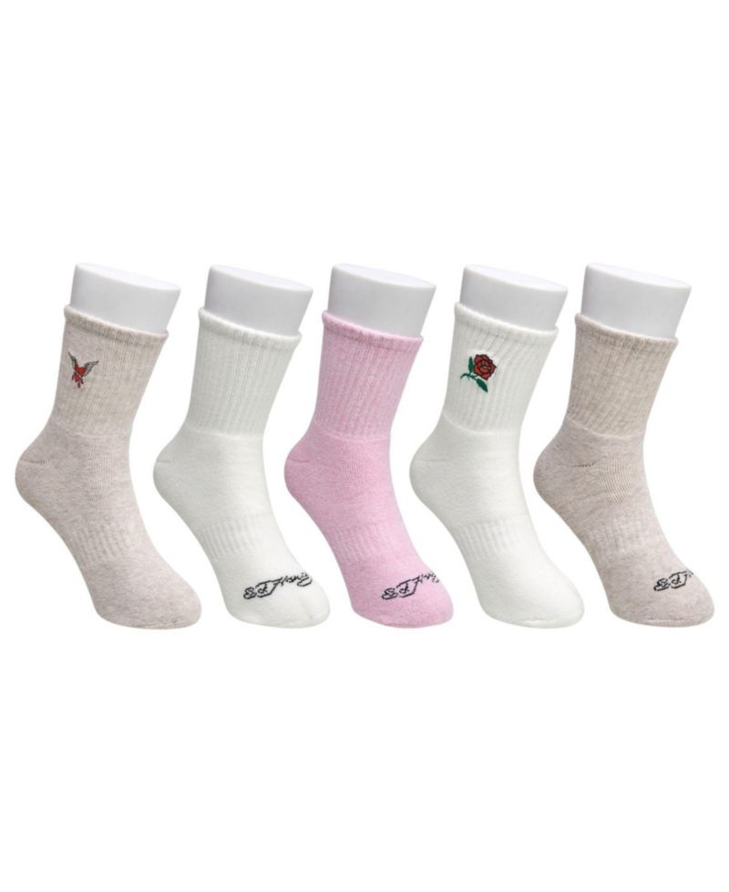 Women's Rose and Bird Embroidery Full Cushion Mid Crew Socks, 5-Pack