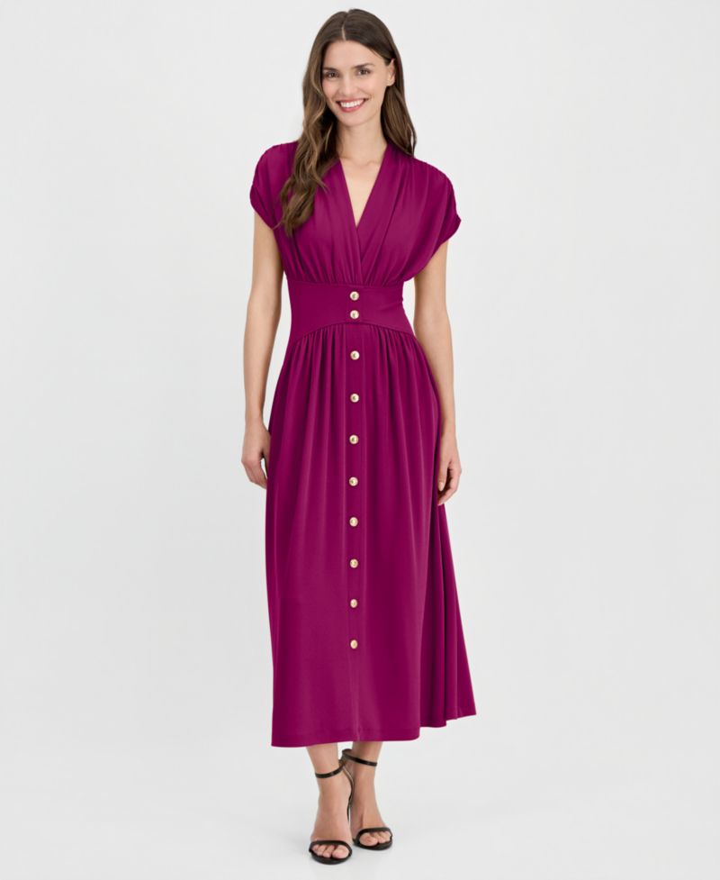 Women's V-Neck Ruched-Shoulder Jersey Dress