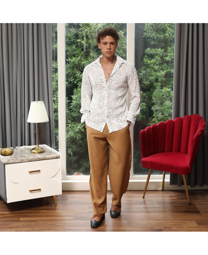 Men's Chalk White Veined-Pleated Shirt