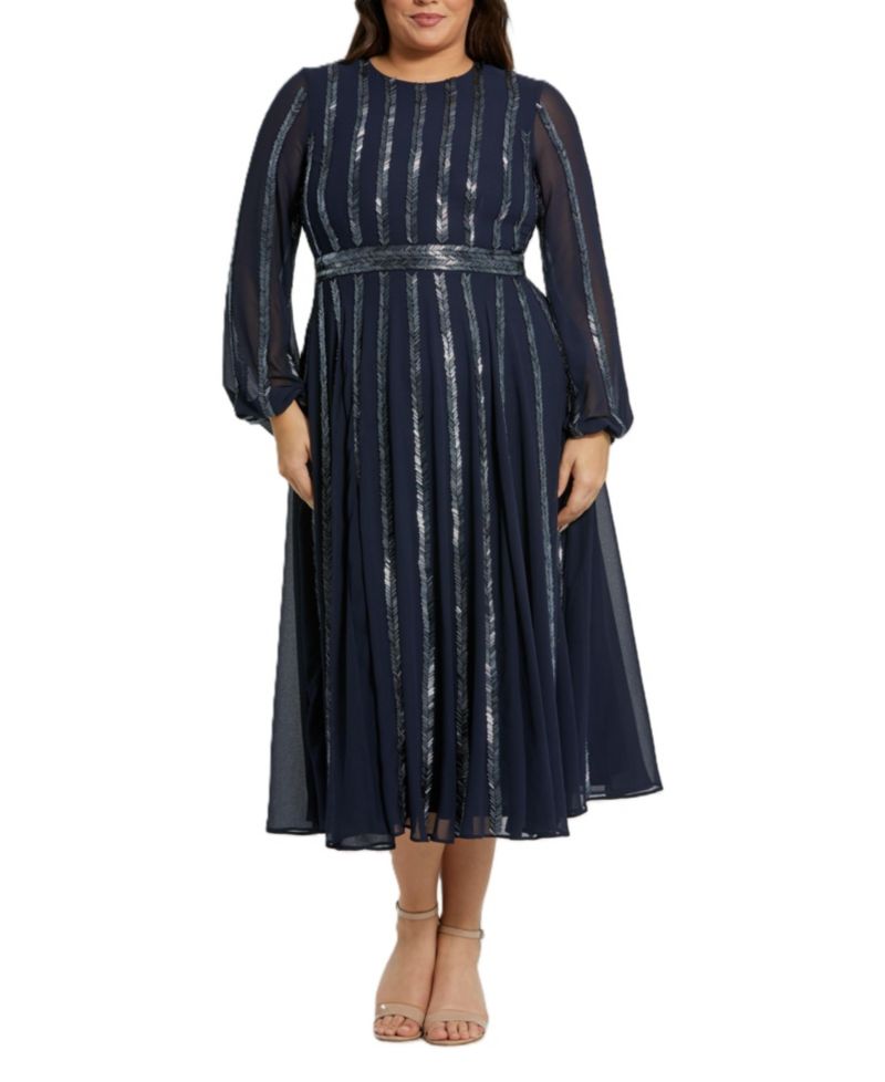 Plus Size Long Sheer Sleeve Beaded Dress