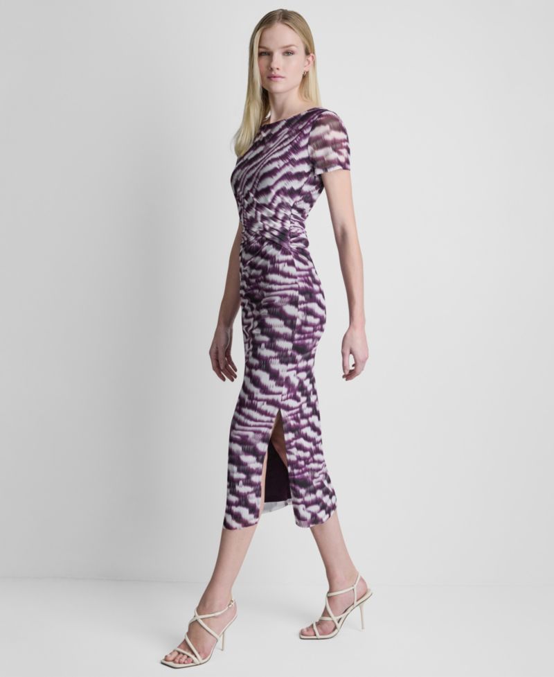 Women's Printed Side Knot Mesh Midi Dress