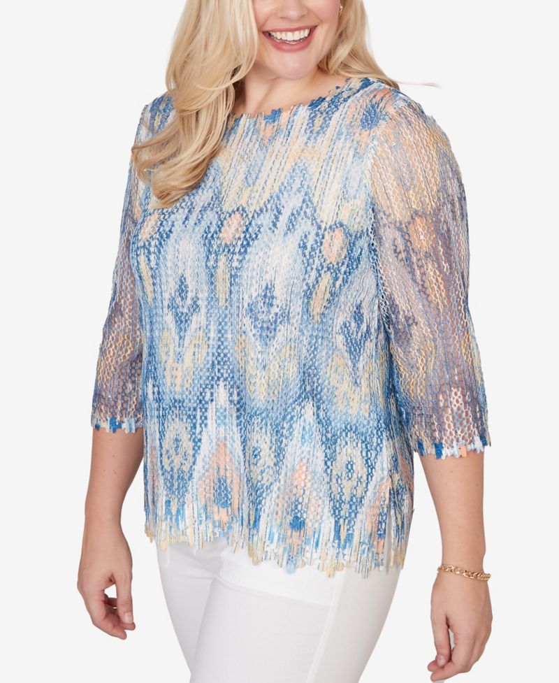 Women's Out of the Blue Dramatic Ikat Scallop Trim Crewneck Top