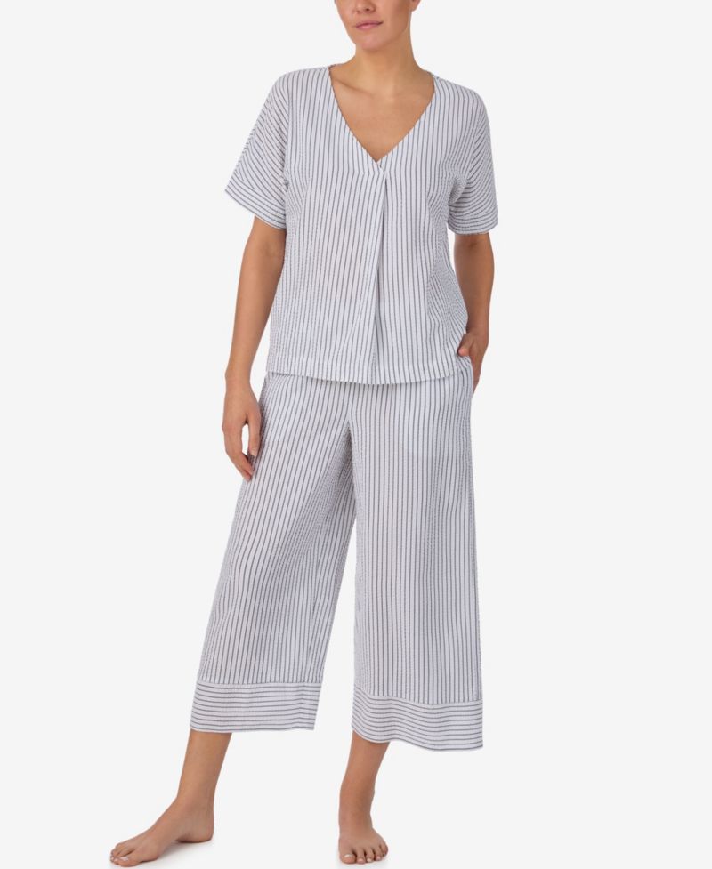 Women's Seersucker V-Neck Dolman Short-Sleeve Top and Pants Pajama Set