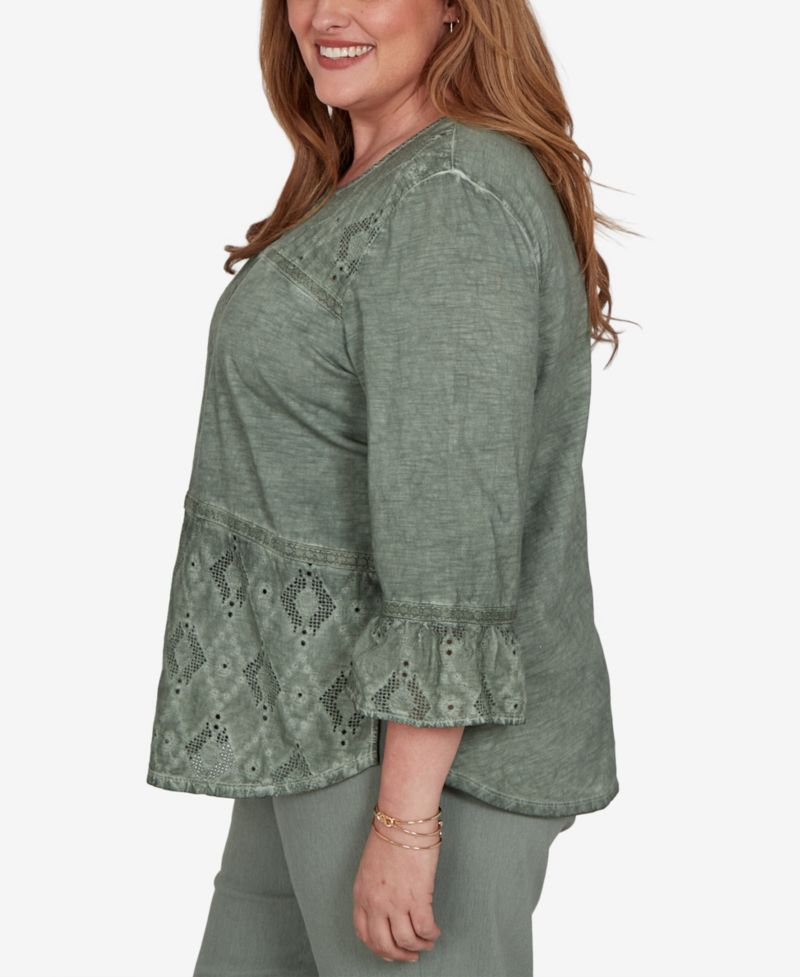 Plus Size Provence Tonal Spliced Patchwork 3/4 Sleeve Blouse