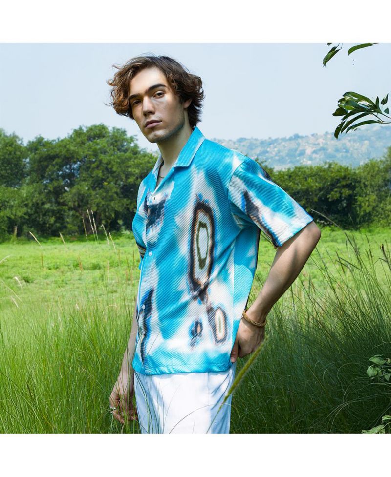 Men's Sky Blue Topography Mesh Oversized Shirt