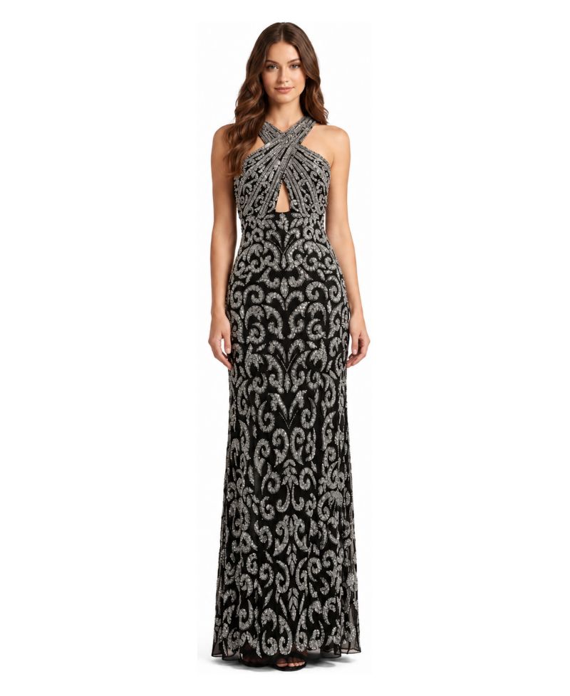 Plus Size Beaded Halter Front-Slit Dress