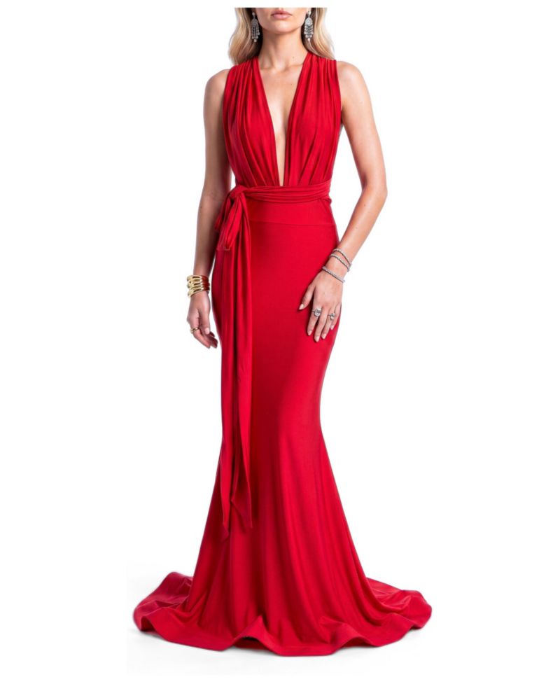 Women's Plunging V-Neck Tie-Waist Mermaid Evening Gown