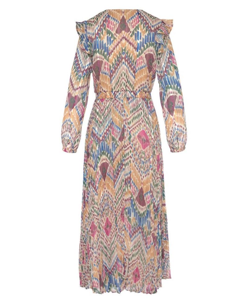 Women's Printed Pleated Ruffle-Trim V-Neck Smocked-Waist Maxi Dress