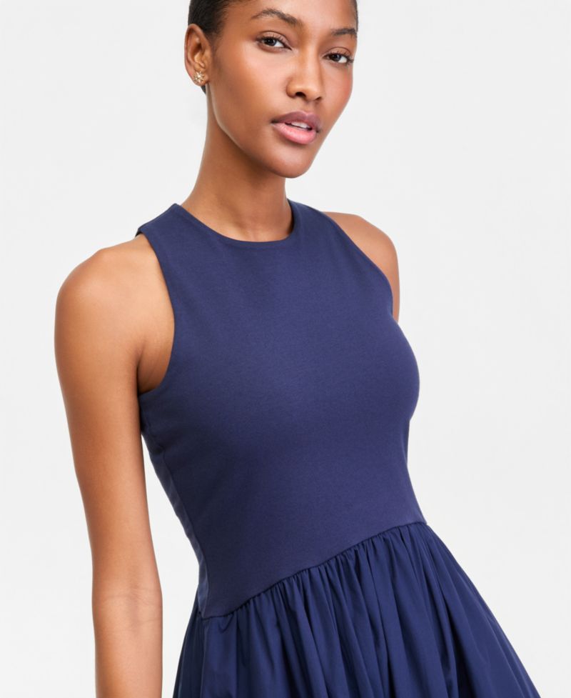 Women's Curved-Waist Mixed-Media Midi Dress