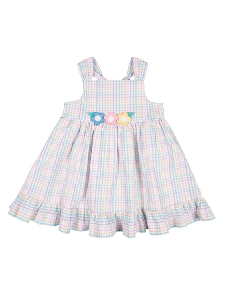 Little Girls Plaid Seersucker Dress With Flowers