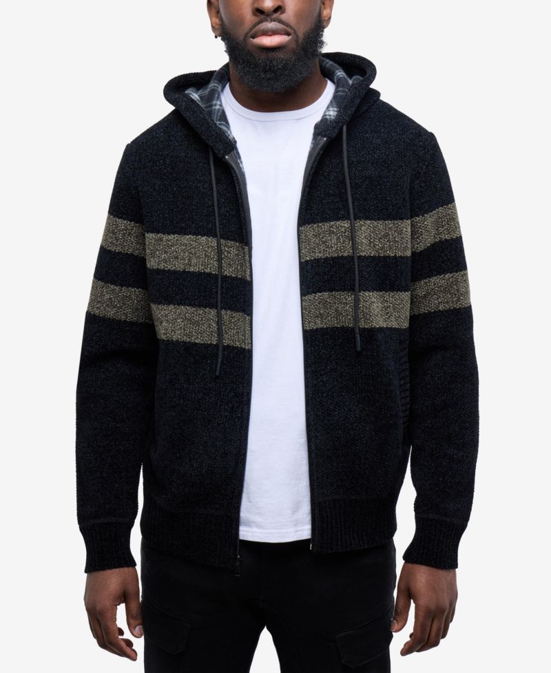 Men's Full Zip Hooded Sweater With Stripes And Flannel Lining
