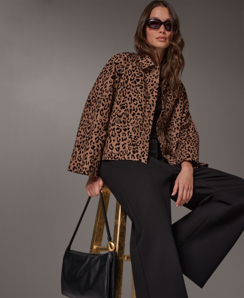 Women's Flocked Canvas Leopard-Print Bell-Sleeve Trapeze Jacket
