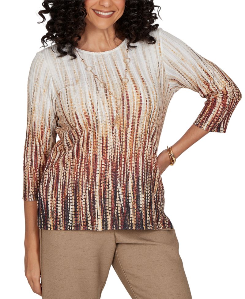 Petite Union Square Textured Ombre 3/4-Sleeve Top With Necklace