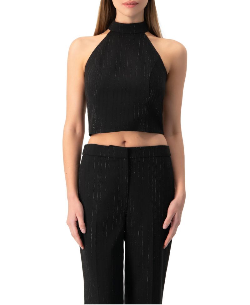 Women's Halter-Neck crystal-adorned Sleeveless Crop Top