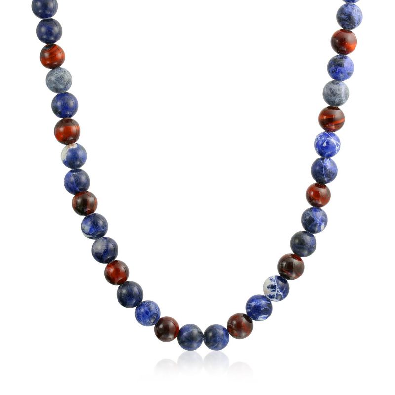 Blue Sodalite Brown Tiger Eye Ball Bead Strand Necklace Stainless Steel