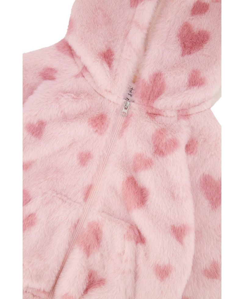 Baby Girl (12M - 24M) Hooded Full Zip Faux Fur Jacket Printed with Hearts