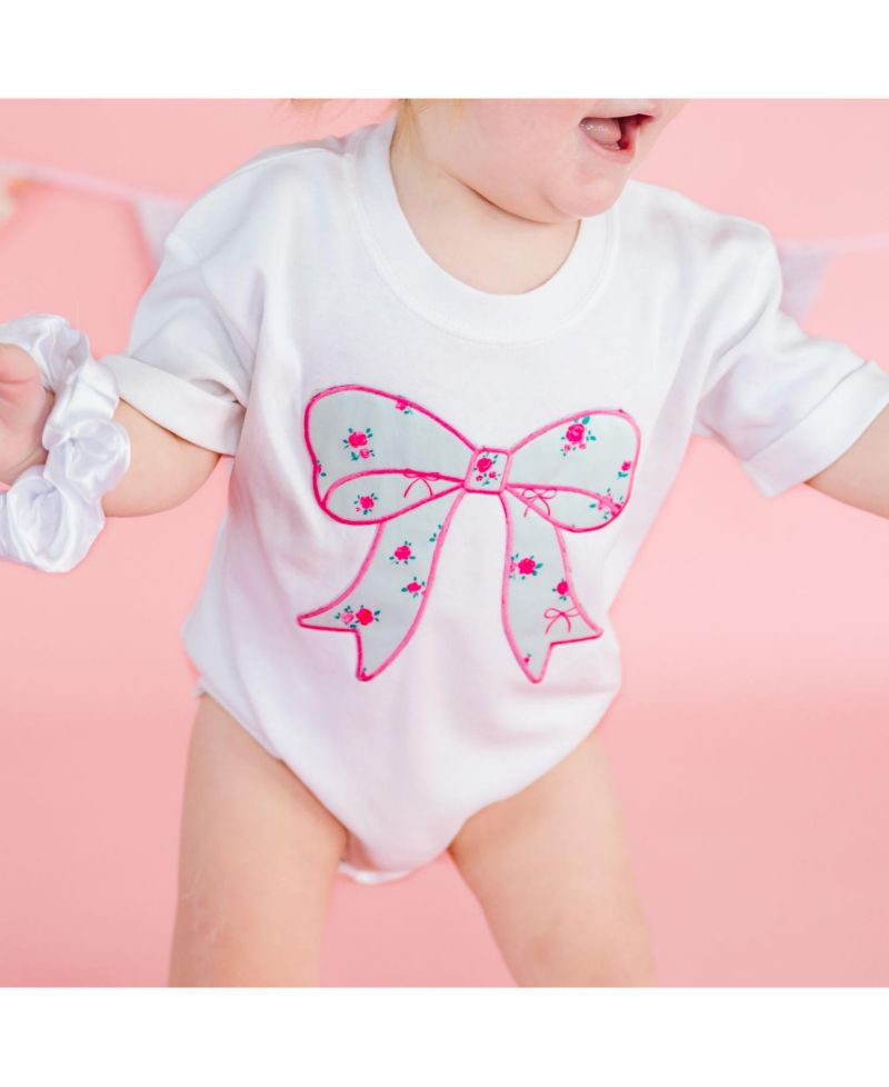 Baby Girls Sky Blue Floral Bow Patch Short Sleeve Romper
