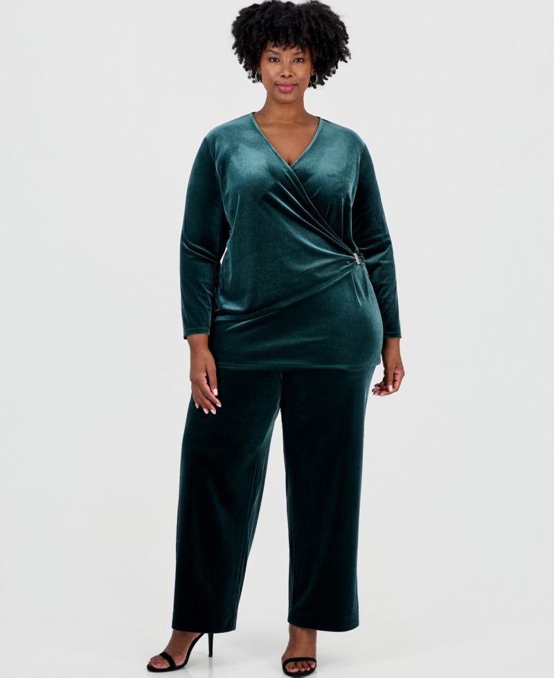 Plus Size Faux-Wrap Velvet V-Neck Blouse
