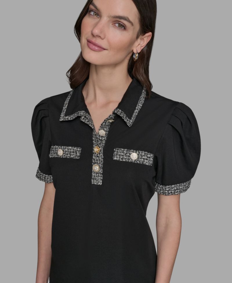 Women's Short Sleeve Tweed Trim Knit Top