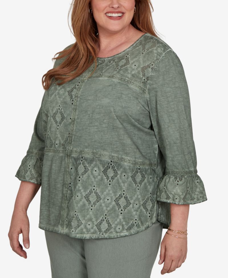 Plus Size Provence Tonal Spliced Patchwork 3/4 Sleeve Blouse