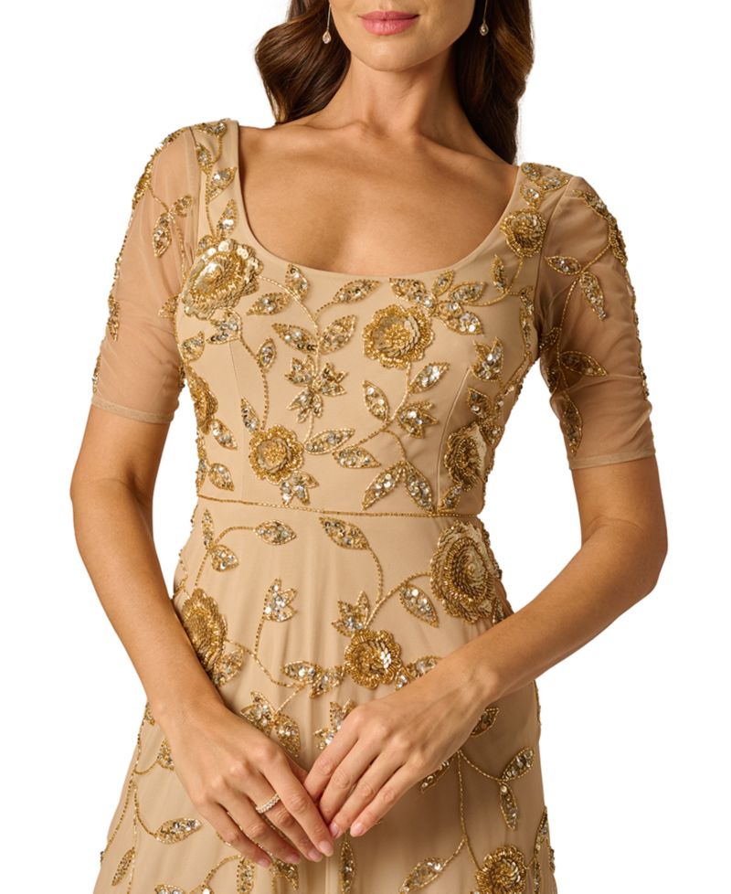 Женское сетчатое платье с цветочным рисунком и бисером с коротким рукавом