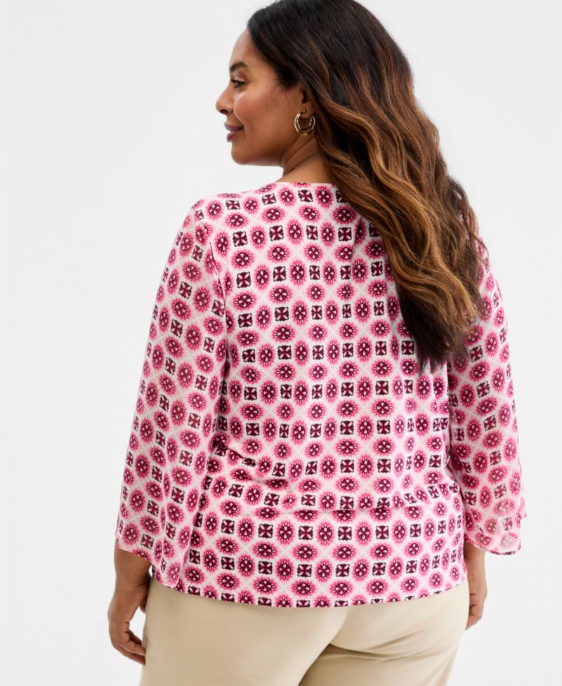 Petite Printed Chiffon-Sleeve Gathered-Neck Top
