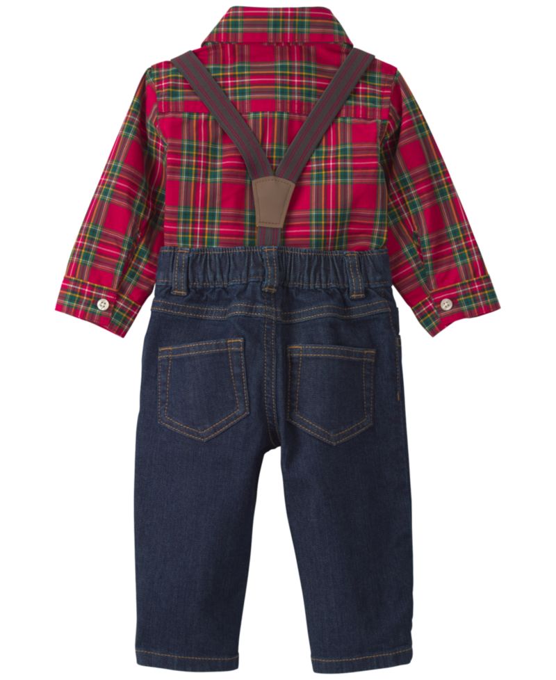 Baby Boys' Plaid Long-Sleeve Bodysuit and Suspender Denim Pants, 2-Piece Set