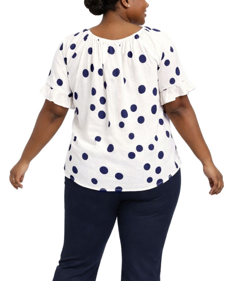 Plus Size Polka Dot Crinkle Knit Button-Front Ruffle Sleeve Top