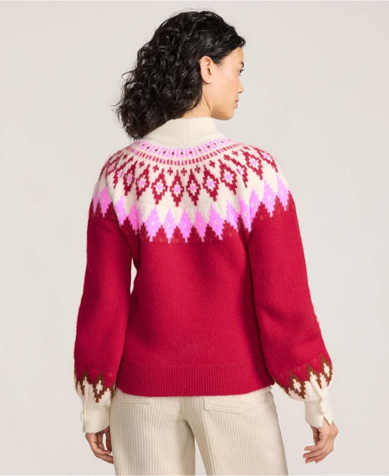 Women's Fuzzy Turtleneck Lantern Sleeve Jacquard Sweater