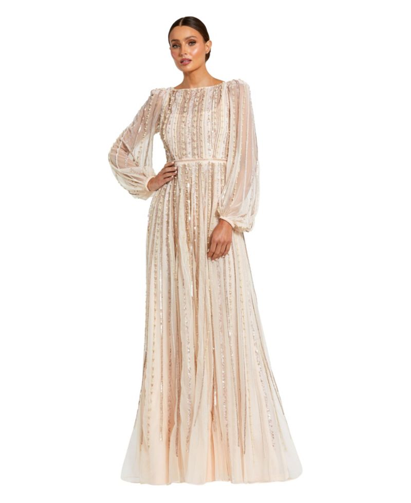 Women's Embellished Long Sleeve A-Line Evening Gown