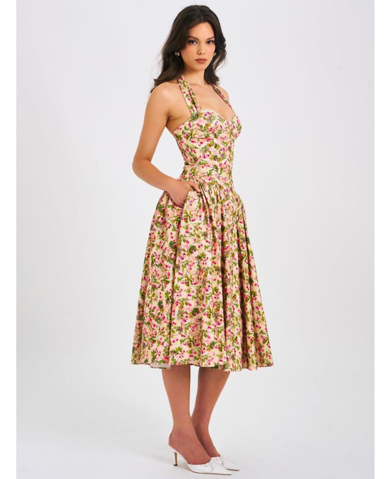 Women Niya Floral Print Linen Halter Corset Maxi Dress