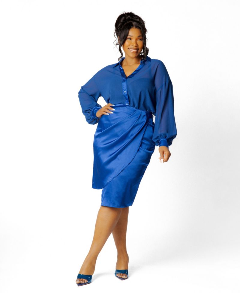 Plus Size Chiffon Blouse and Wrapped Satin Skirt Set