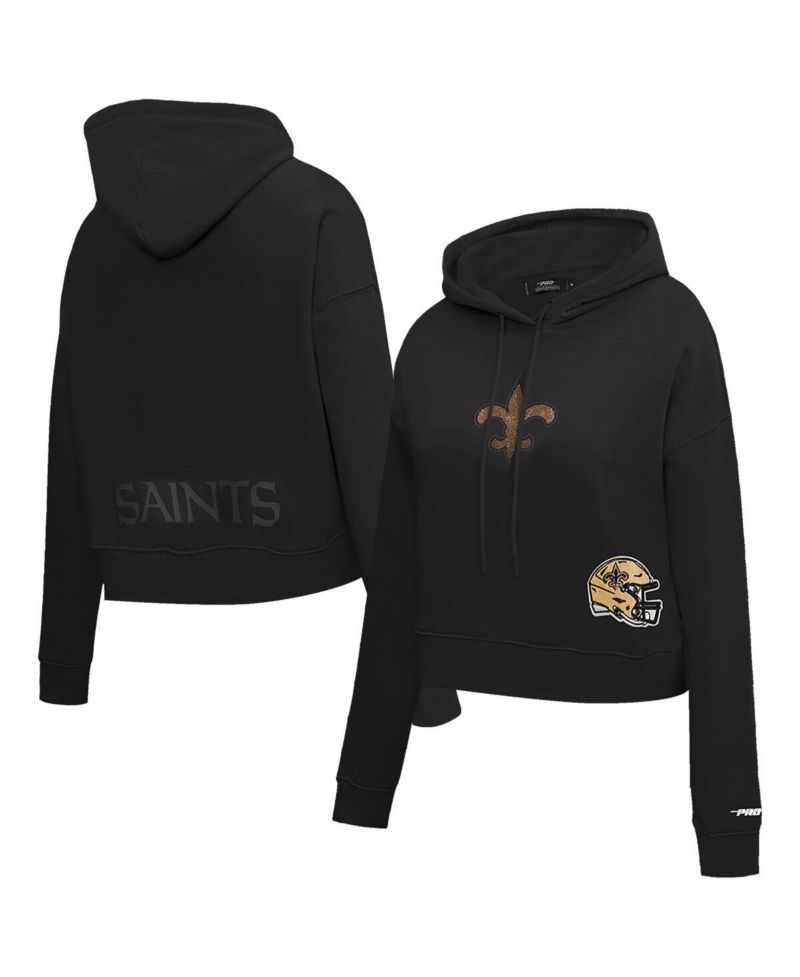 Women's Black New Orleans Saints Jeweled Cropped Pullover Hoodie