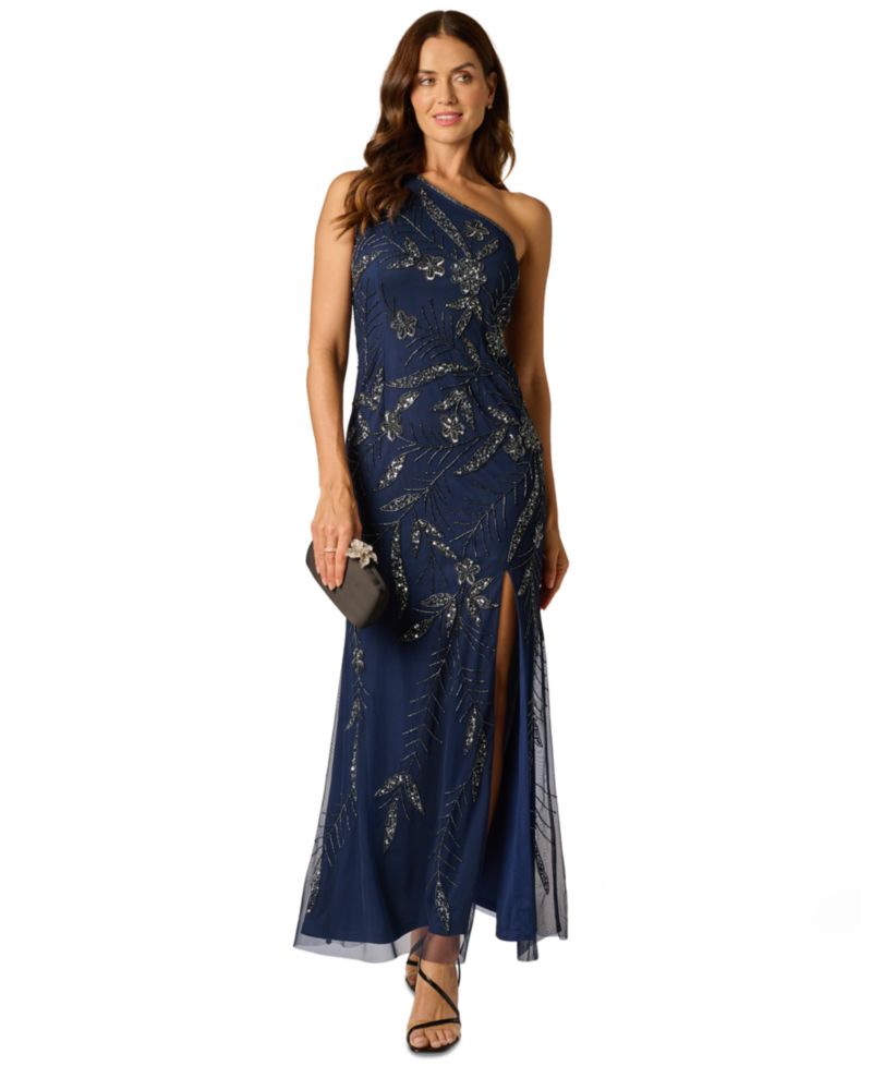 Women's One-Shoulder Floral Sequin Beaded Gown
