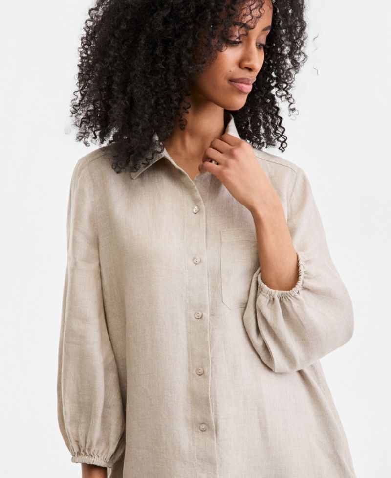Plus Size 100% Linen Collared Flounce Dress