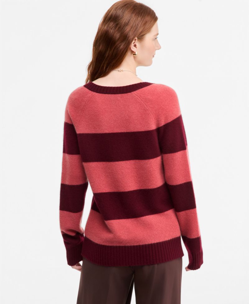 Women's 100% Cashmere Striped V-Neck Sweater