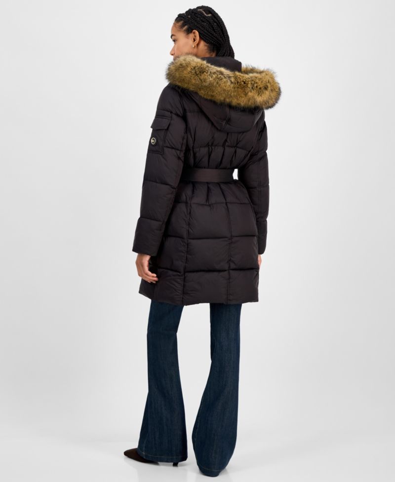 Women's Belted Hooded Faux-Fur-Trim Puffer Coat