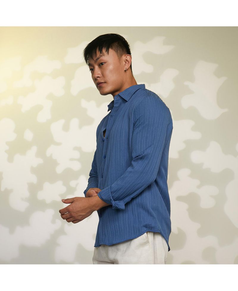 Men's Lapis Blue Self-Design Striped Shirt