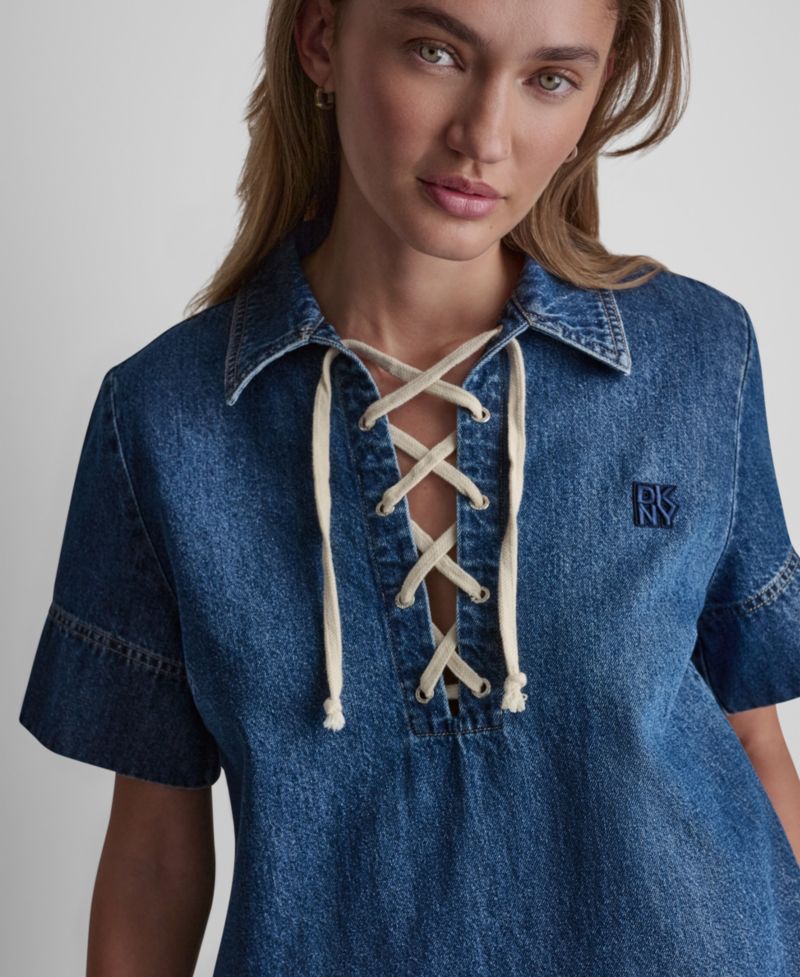 Women's Short-Sleeve Lace Up Shift Dress