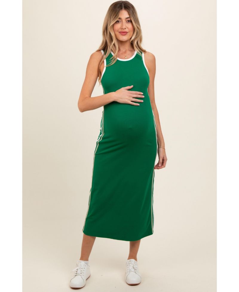 Women's Green Sleeveless Contrasting Stripe Maxi Dress