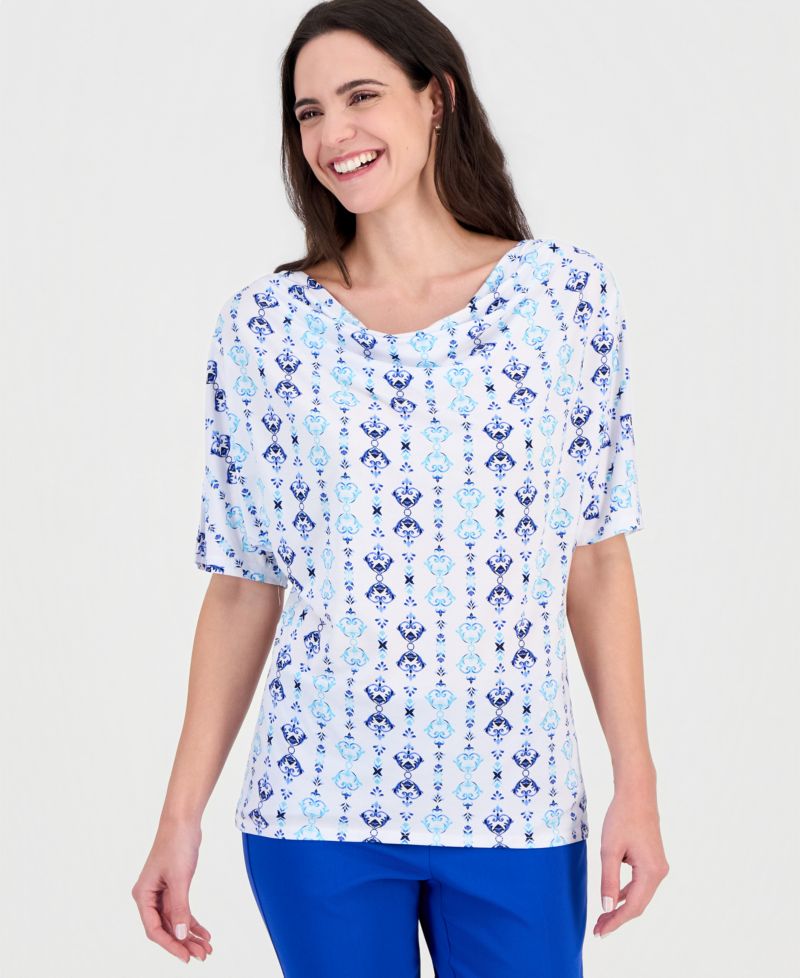 Women's Printed Cowl-Neck Knit Top